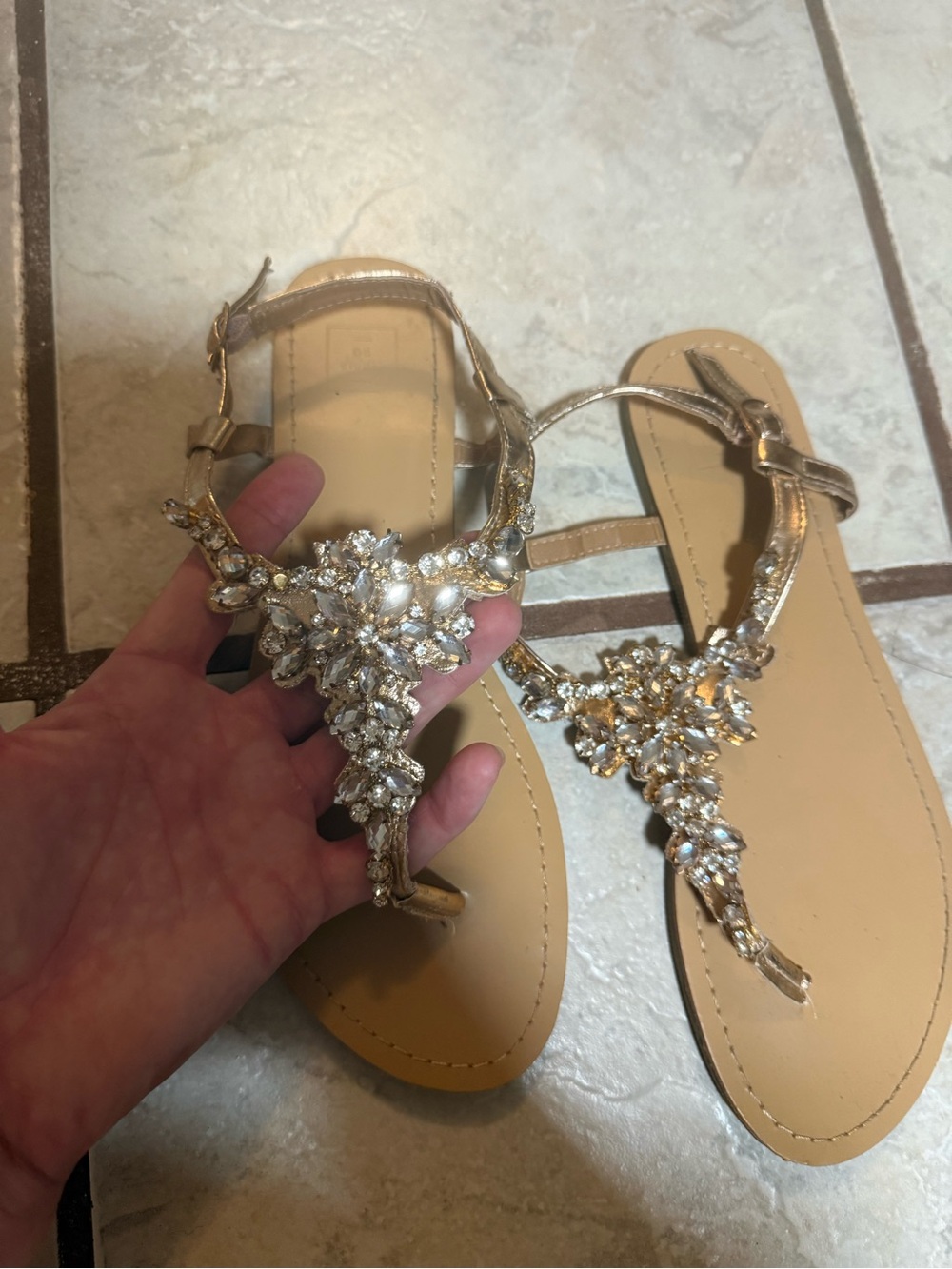 Embellished Tan T‑Strap Women's Sandals with Gold Accents - Picture 5 of 6